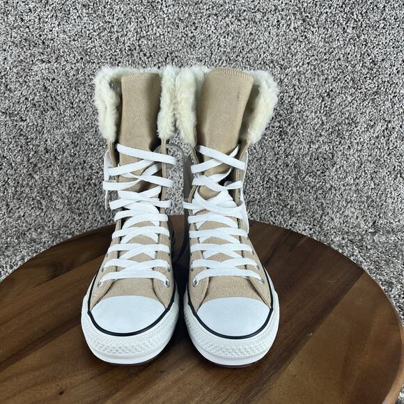 Converse High-Top Lace-Up Sneakers in Beige and White with Faux Fur Collar - Picture 2 of 10